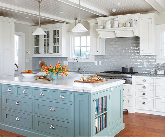 Kitchen island in dusty blue color for a pop of color. Easy way to refresh your kitchen.