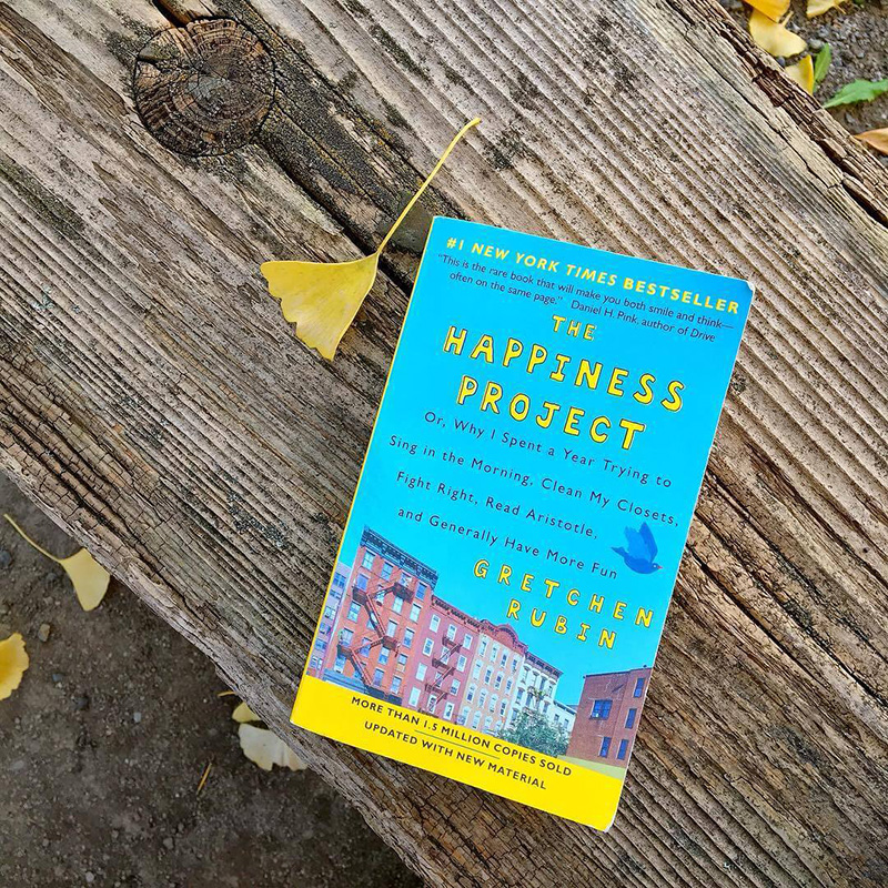 "The Happiness Project" book cover on a wooden bench. Outdoors.